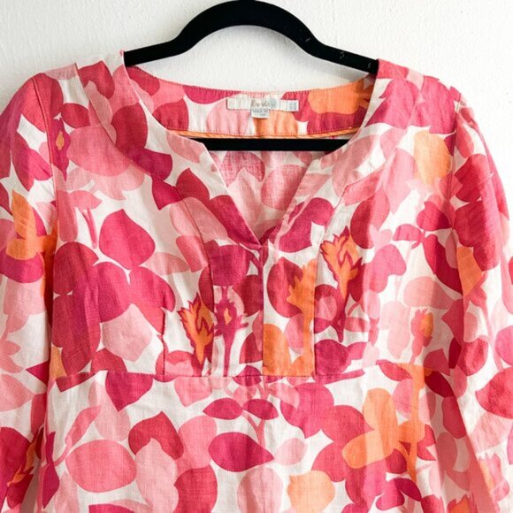 BODEN 100% Linen Floral Orange & Pink Dress with Three Quarter Sleeves SZ 4 Long - Picture 3 of 7